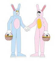 lapin couple avec Pâques paniers ligne dessin animé plat illustration. marrant femme, homme en portant mains 2d lineart personnages isolé sur blanc Contexte. des œufs chasse ensemble scène vecteur Couleur image