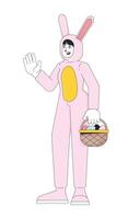 Pâques lapin femme asiatique 2d linéaire dessin animé personnage. Jeune adulte femelle mascotte lapin isolé ligne vecteur la personne blanc Contexte. lièvre costume fille en portant panier Couleur plat place illustration