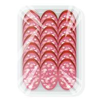 saucisse en tranches dans un plateau en plastique. salami dans un emballage sous vide. illustration vectorielle. vecteur