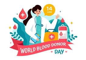 monde du sang donneur journée vecteur illustration sur juin 14 avec Humain donné sang pour donner le bénéficiaire dans enregistrer la vie dans plat dessin animé Contexte