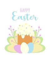 content Pâques fête carte avec décoré gâteau et pastel des œufs illustration. une inscription et botanique décor. vecteur