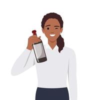 content célébrer femme avec en portant une bouteille de du vin. Jeune femelle personnage à fête ou de fête événement. vecteur