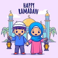 mignonne fille et garçon musulman célébrer Ramadan dessin animé vecteur icône illustration. gens religion icône concept isolé prime vecteur plat dessin animé style.