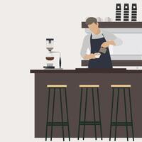 barista à lieu de travail fait du café. vecteur barista homme dans restaurant, homme travaux dans café, cafétéria intérieur, ouvrier faire Expresso, ouvrier dans café illustration