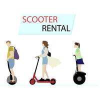 scooter de location, Urbain ville transport, éco en mouvement dans ville. vecteur véhicule Voyage ville, moderne roue, actif Urbain transport service, paysage urbain scooter partager illustration