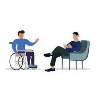 se soucier mental consultant à handicap la personne dans fauteuil roulant. vecteur médical conseils pour récupération invalide illustration. réhabilitation physiothérapie soins de santé invalide