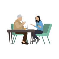 réunion affaires partenaire, copains conversation dans café. parlant affaires personnes, la coopération séance ensemble Partenariat, ma et femme dans café discuter accord. vecteur illustration