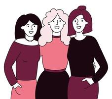 trois femmes se tiennent ensemble, un concept d'amitié dessiné à la main vecteur