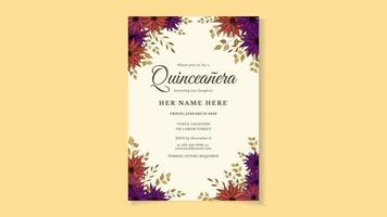 modèle de carte d'invitation flyer floral célébration d'anniversaire de quinceanera vecteur