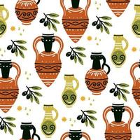 modèle sans couture avec des vases grecs anciens, des amphores et une branche d'olivier vecteur