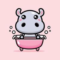 hippopotame mignon se baignant dans une baignoire rose vecteur