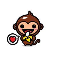 un singe mignon mange une banane pleine d'amour vecteur