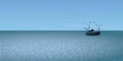 paysage marin avec pêche bateau suivi par mouettes dans soir vecteur illustration.