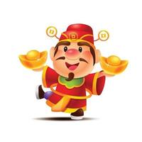 nouvel An chinois. dessin animé mignon dieu de la richesse tenant deux gros lingots d'or, avec un coup de pied dans une jambe vecteur