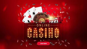 casino en ligne, bannière avec bouton, machine à sous, roulette de casino, chute de jetons de poker et cartes à jouer. vecteur