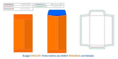 Dieline d'enveloppe budgétaire verticale et fichier vectoriel 3d, enveloppe budgétaire de style vertical modifiable et redimensionnable 9x18 cm