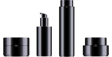 brillant noir cosmétique bouteille pour faciale toner, cheveux shampooing ou douche gel et crème pot ensemble. vecteur conception modèle. produits de beauté emballage maquette. réaliste 3d illustration.