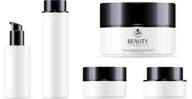 brillant blanc cosmétique bouteille pour faciale toner, cheveux shampooing ou douche gel et rond blanc Plastique pot avec noir couvercle pour produits de beauté - corps crème, beurre, sel, poudre. vecteur modèle. produits de beauté