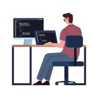 programmeur masculin travaillant avec des ordinateurs vecteur