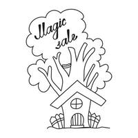 vecteur illustration de une la magie vente dans griffonnage style. image de une fabuleux arbre avec une maison.