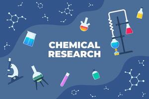 Créatif chimique recherche Contexte. éducatif illustration avec chimique objets, différent verre flacons, flacons, des tubes à essai avec substance et réactifs. vecteur illustration.