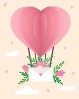 une grand rose en forme de coeur ballon mouches par une pêche ciel avec des nuages et porte un enveloppe avec une déclaration de l'amour. là sont fleurs épanouissement tout autour et cœurs dans le ciel. la Saint-Valentin journée. vecteur