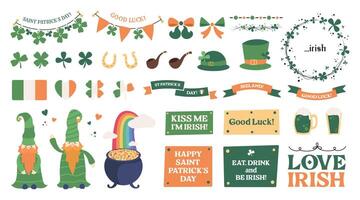 Saint patrick's journée autocollant ensemble, irlandais vacances conception éléments avec irlandais drapeaux, symboles, vert bière, Chapeaux, trèfle cadre, fer à cheval, fumeur tuyaux et lutin or. vecteur illustration.