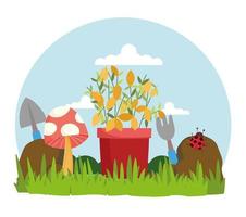 Jardinage plante en pot champignon coccinelle et outils sur l'herbe vecteur