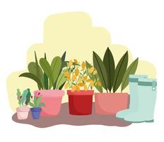 jardinage plantes en pot fleurs et bottes en caoutchouc vecteur