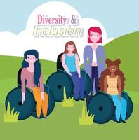 groupe diversifié de femmes handicapées assises sur un fauteuil roulant, inclusion vecteur
