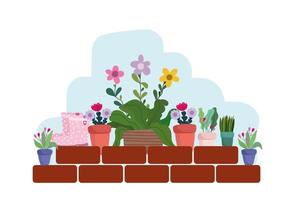 Jardinage fleurs plantes et bottes en caoutchouc sur mur brique vecteur