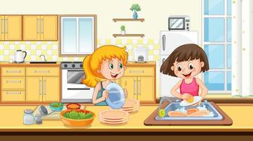 scène avec deux filles lavant la vaisselle dans la cuisine vecteur