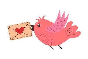 mignonne rose oiseau porter enveloppe avec cœur dans ses le bec. l'amour colis. livraison concept. la Saint-Valentin journée romantique clipart. vecteur