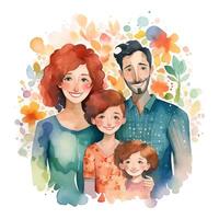 aquarelle famille. Parents et les enfants. vecteur illustration avec magnifique femme, homme et deux des gamins