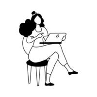 en ligne apprentissage. silhouette de une fille. une femme est assis sur une chaise et travaux à une portable. linéaire vecteur. illustration. vecteur