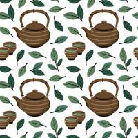 thé feuilles, tasses de vert thé et une théière. vert thé. vecteur main tiré illustration. isolé sur blanc Contexte.