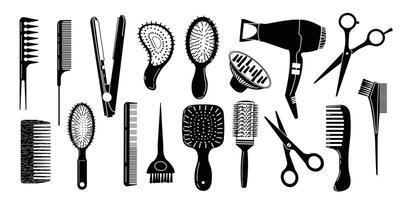 cheveux styliste outils ensemble. noir et blanc Icônes pour coiffure salon. cheveux séchoir, peigne, les ciseaux et professionnel outils pour coiffure salon.vecteur illustration. vecteur