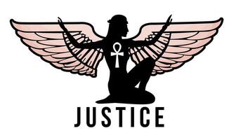 justice. T-shirt conception de une ailé égyptien femme silhouette avec tendu bras. vecteur