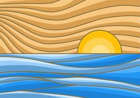 ligne art illustration de le coucher du soleil paysage à mer avec magnifique l'eau et Soleil vecteur