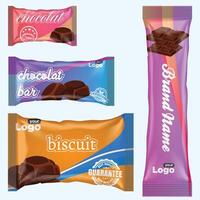 couler pack et Chocolat bar. blanc casse-croûte paquet modèle pour biscuits, biscuit, tranche. Vide Chocolat bar maquette par déjouer couler pack sur transparent dos. vecteur