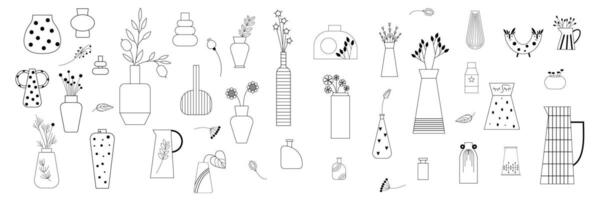 minimaliste Naturel et céramique vecteur gros ensemble avec graphique, abstrait, capricieux et sec fleurs dans différent forme vases.