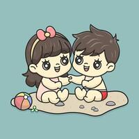 mignonne dessin animé de une couple en jouant à le plage vecteur
