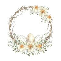 aquarelle Pâques couronne de printemps branches, avec vert feuilles, jonquilles et des œufs. le illustration est main tiré sur un isolé Contexte. dessin pour salutation cartes, faire-part, affiches vecteur