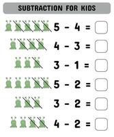 soustraction avec mignonne monstres. mathématique exemples. imprimable feuille pour enfants d'âge préscolaire. vecteur illustration