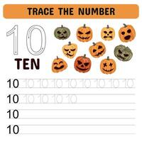 trace le nombre. trace nombre avec citrouilles pour Halloween. éducatif Jeu pour enfants, imprimable feuille, vecteur illustration