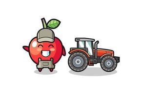 la mascotte de fermier de cerise debout à côté d'un tracteur vecteur