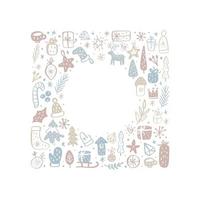cadre carré de noël d'éléments scandinaves doodle de noël avec place pour le texte. carte de voeux de guirlande de frontière de vacances de vecteur pour les vacances d'hiver joyeux noël et bonne année