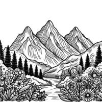 main tiré Montagne et arbre coloration livre illustration. noir et blanc Montagne contour illustration vecteur