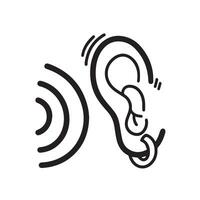 Humain oreille avec boucle d'oreille. audition ou écoute vecteur icône illustration isolé sur carré blanc Contexte. Facile plat monochrome noir et blanc dessin animé art stylé dessin.