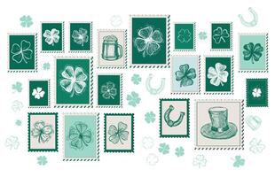 st. patrick's journée ensemble, timbres, poster, carte postale, main tiré des illustrations vecteur